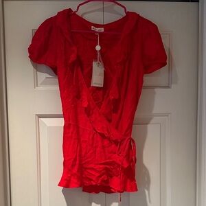 For Love of Lemons Vibrant Red Ruffle Blouse NWT size M